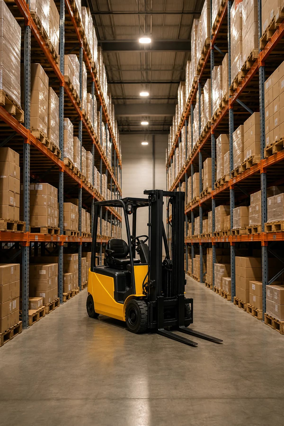 Warehouse interior with forklift and storage racks